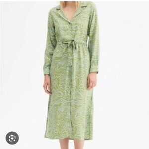 Compania Fantastica Green Blue Swirl Wave Print Midi‎ Shirt Dress NWT *No Belt